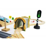 Set trenulete din lemn 69 piese cu Sunete si Lumini cu Locomotiva Electrica cu Baterie si Semafor cu LED-uri